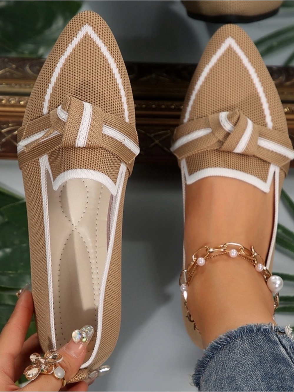 Women’s Pointed Toe Bow Flats in Tan with White Trim